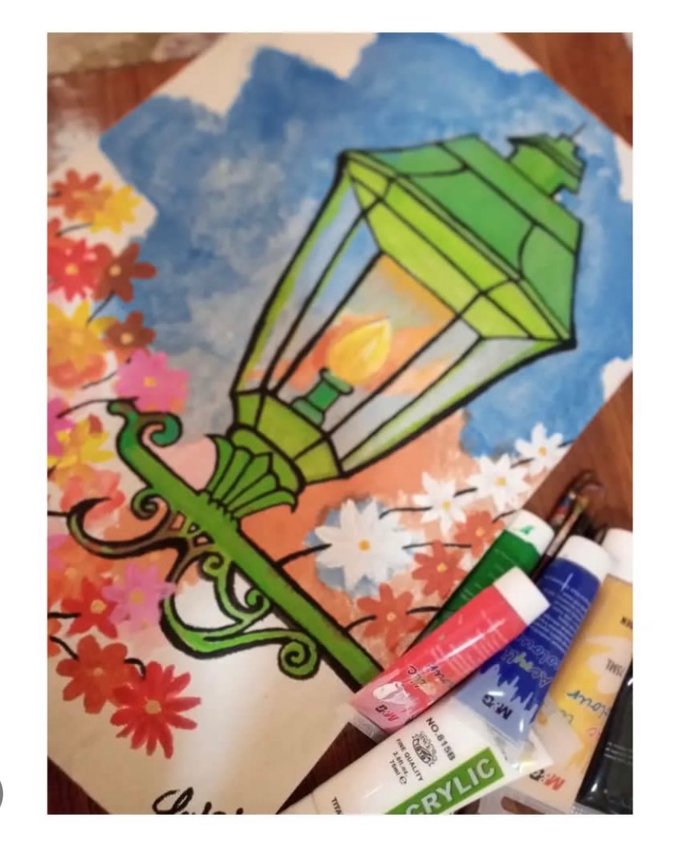 Hand-Painted Vintage Green Street Lamp Artwork – Acrylic on Canvas
