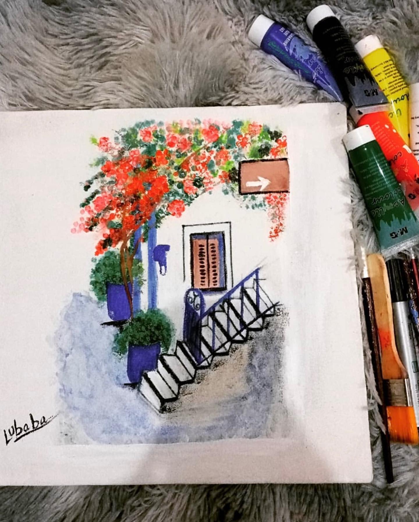 Hand-Painted Mediterranean Doorway Scene – Floral Acrylic Artwork