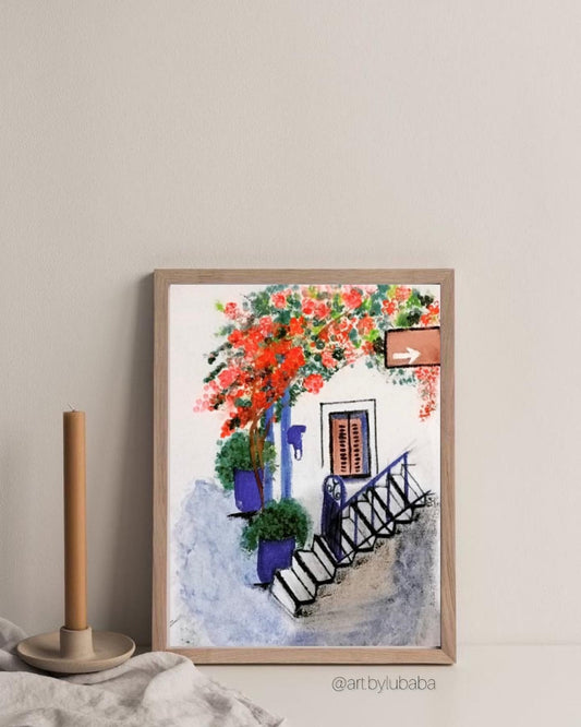 Hand-Painted Mediterranean Doorway Scene – Floral Acrylic Artwork