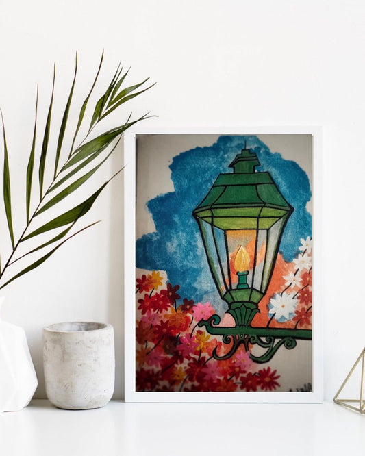 Hand-Painted Vintage Green Street Lamp Artwork – Acrylic on Canvas